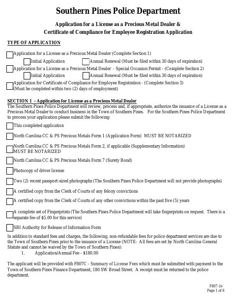 First page of the Precious Metal Dealer Certificate of Compliance Application