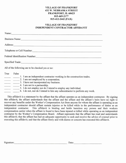 First page of the Independent Contractor Affidavit