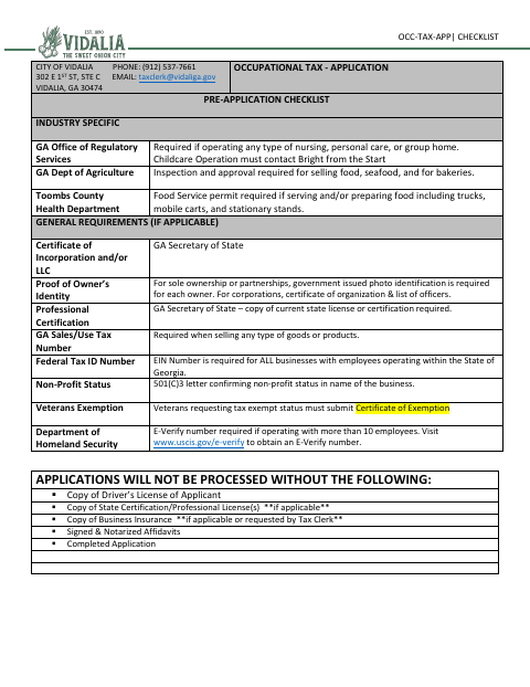 First page of the Occupational Tax Certificate SAVE Affidavit