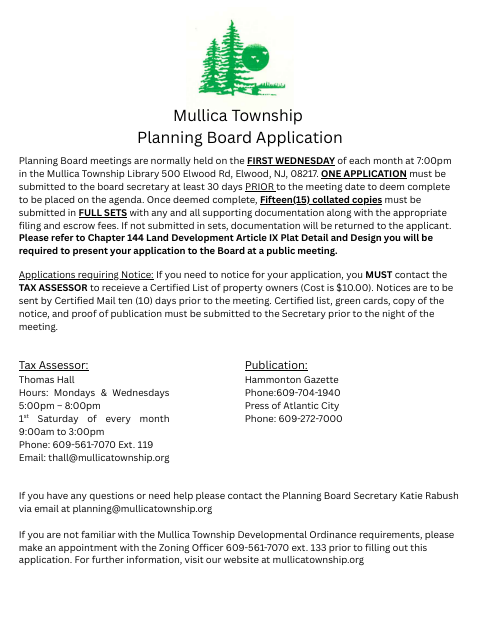 First page of the Planning Board Application