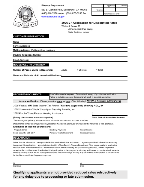 First page of the 2026–27 Application for Discounted Rates Water & Sewer