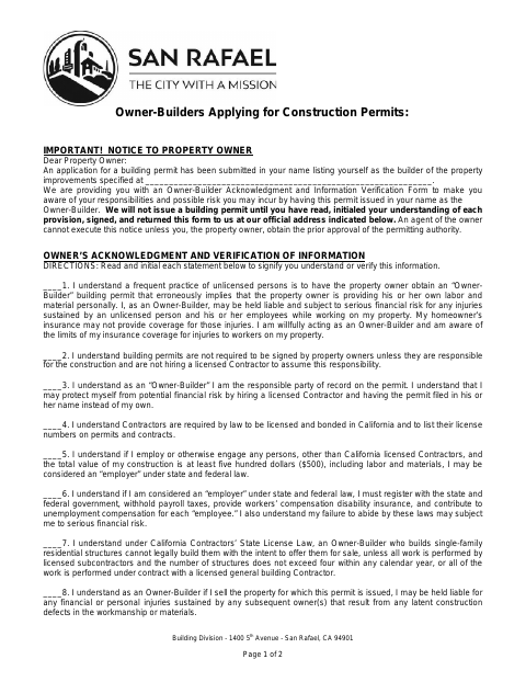 First page of the Owner-Builder Acknowledgment Form
