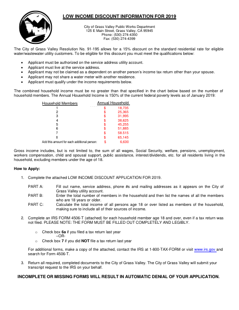 First page of the Low Income Discount Application for 2019
