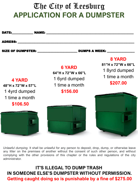 First page of the Application for a Dumpster