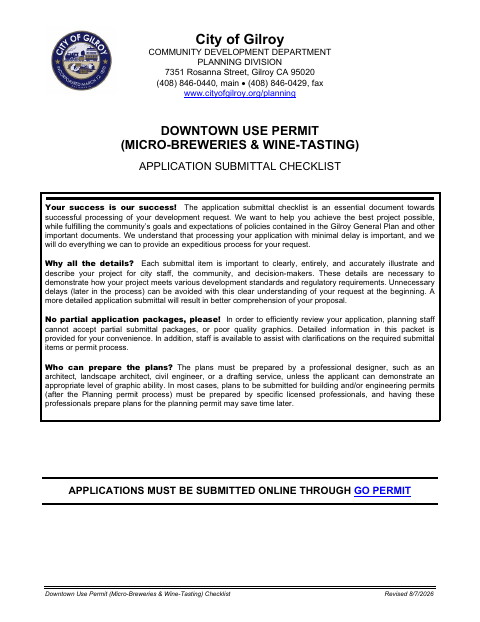 First page of the Downtown Use Permit (Micro-Breweries & Wine-Tasting) Checklist