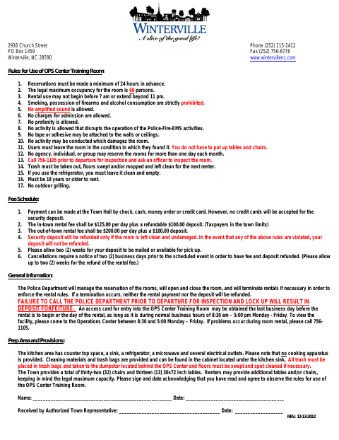 First page of the OPS Center Training Room Rental Application