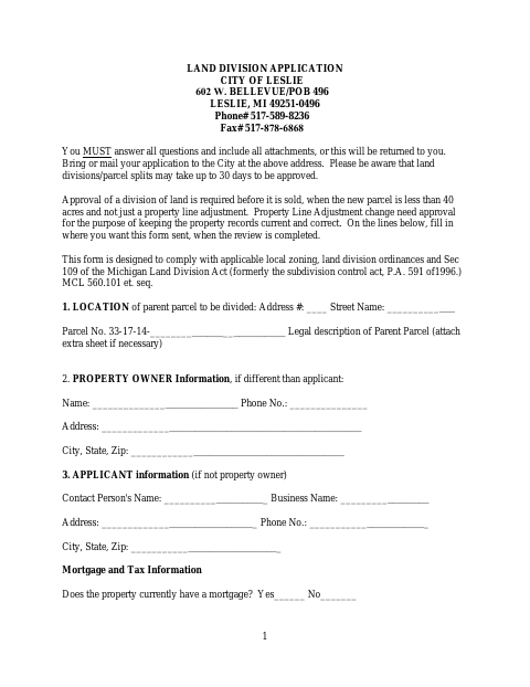 First page of the Land Division Application