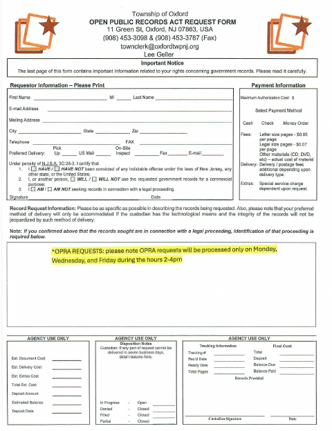 First page of the Open Public Records Act Request Form