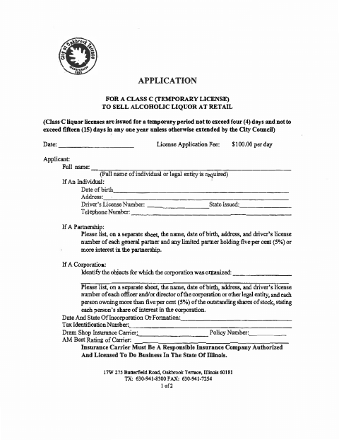 First page of the Application for a Class C Temporary Liquor License