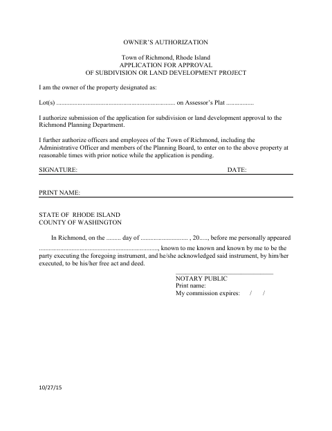 First page of the Owner’s Authorization for Subdivision or Land Development