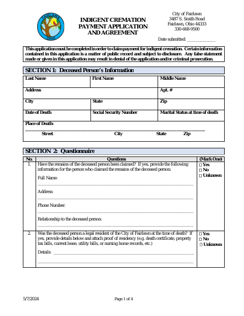 First page of the Indigent Cremation Payment Application and Agreement