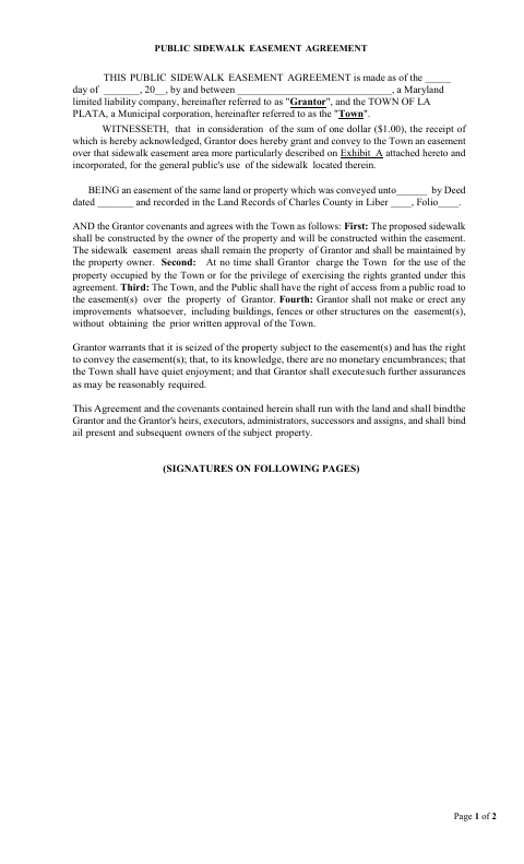 First page of the Public Sidewalk Easement Agreement