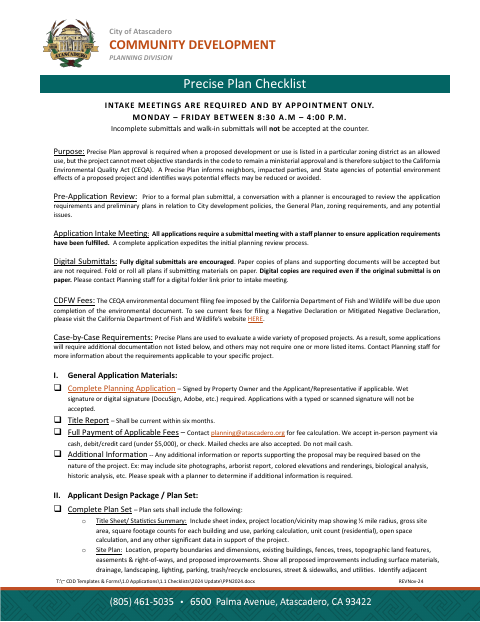 First page of the Precise Plan Checklist