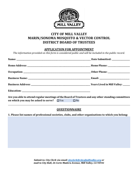 First page of the Marin/Sonoma Mosquito & Vector Control District Board of Trustees Application for Appointment