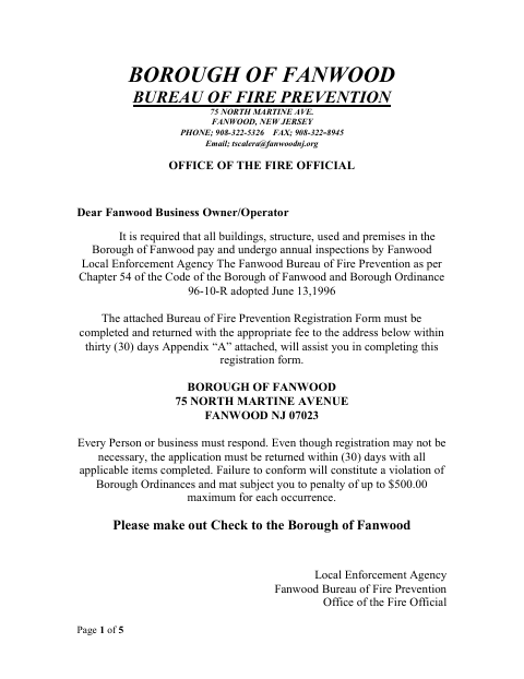 First page of the Fire Prevention Registration Form