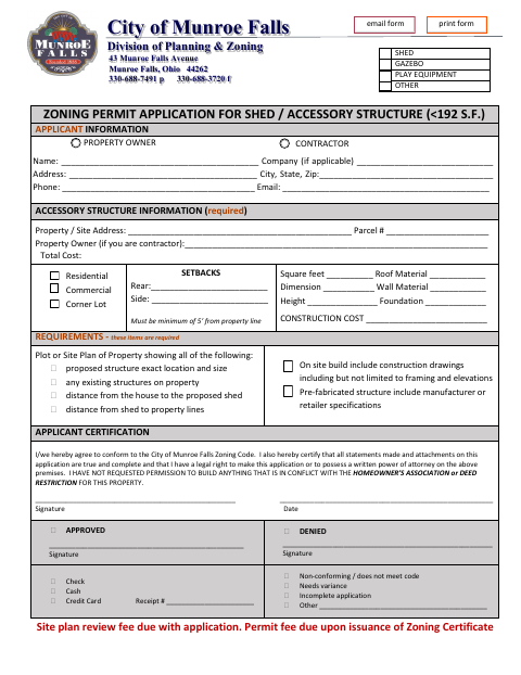First page of the Zoning Permit Application for Shed or Accessory Structure Under 192 Square Feet
