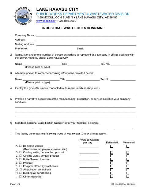 First page of the Industrial Waste Questionnaire