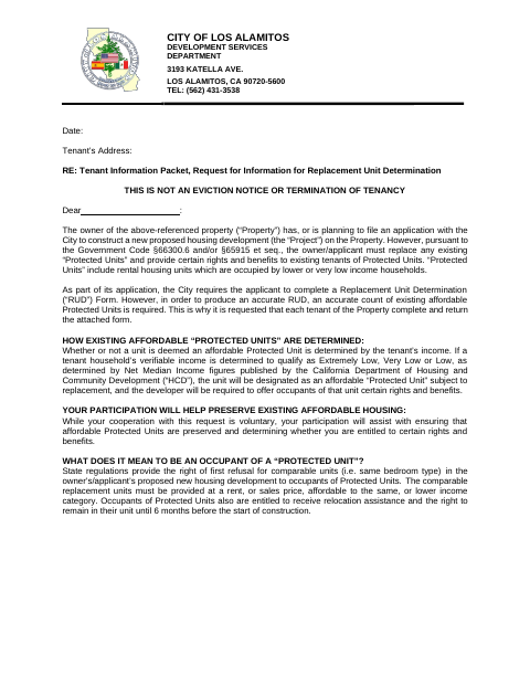 First page of the Tenant Information Packet, Request for Information for Replacement Unit Determination