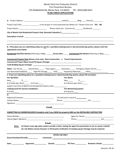 First page of the Plan Check Application