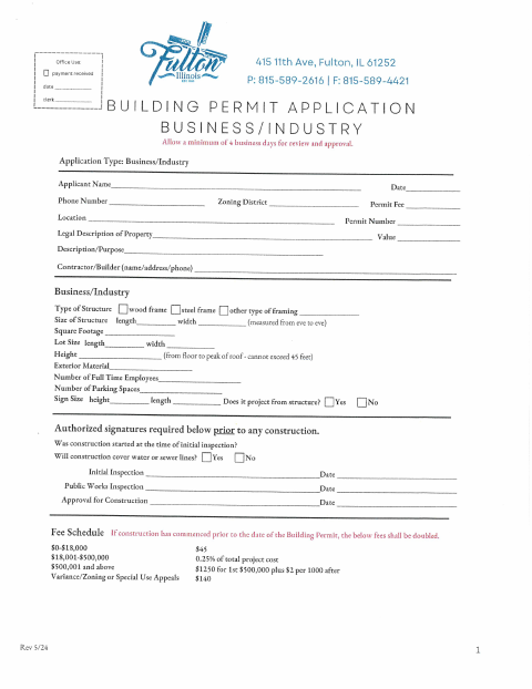 First page of the Business/Industry Building Permit Application
