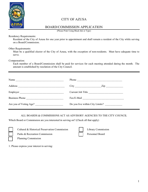 First page of the Board and Commission Application