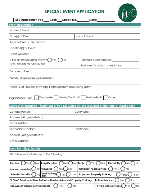First page of the Special Event Application