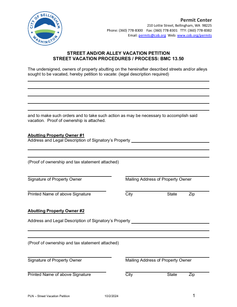First page of the Street and/or Alley Vacation Petition