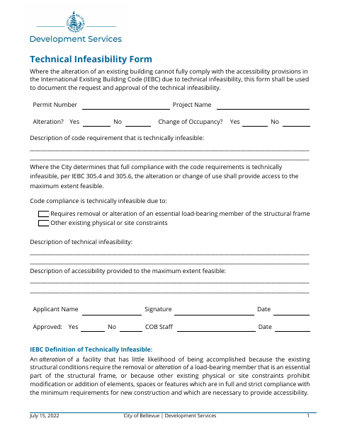 First page of the Technical Infeasibility Form