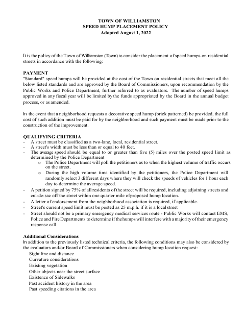 First page of the Speed Hump Placement Policy and Petition