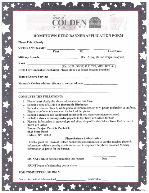 First page of the Hometown Hero Banner Application Form