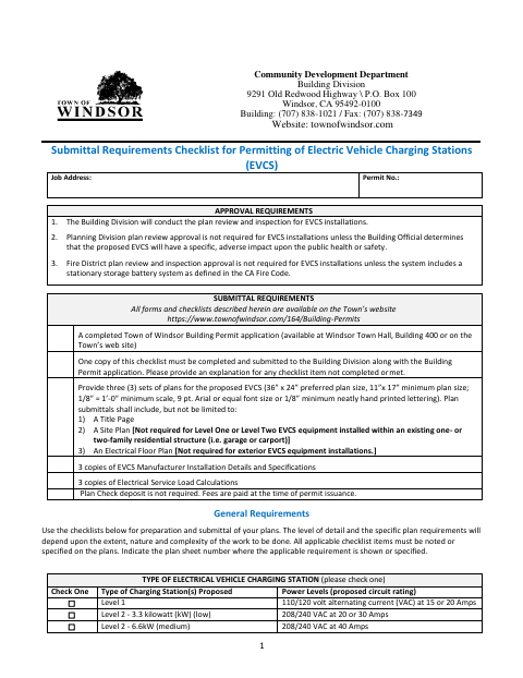 First page of the Submittal Requirements Checklist for Permitting of Electric Vehicle Charging Stations