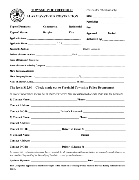 First page of the Alarm System Registration