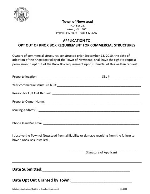 First page of the Application to Opt Out of Knox Box Requirement for Commercial Structures