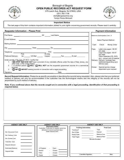 First page of the Open Public Records Request Form