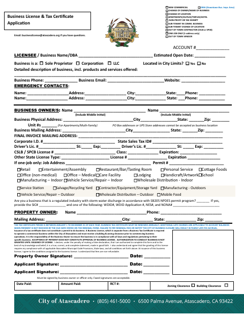 First page of the Business License & Tax Certificate Application