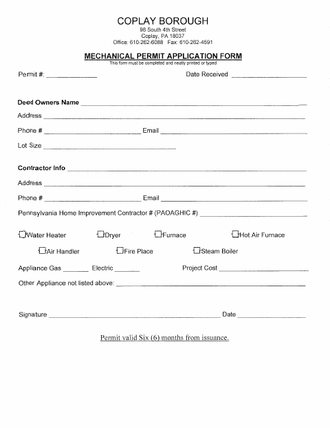 First page of the Mechanical Permit Application Form