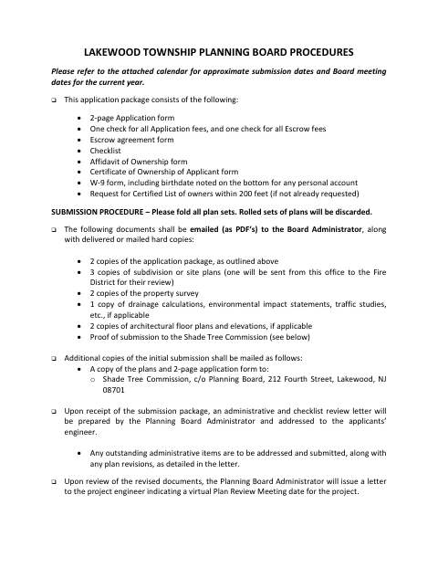 First page of the Planning Board Site Plan or Subdivision Application