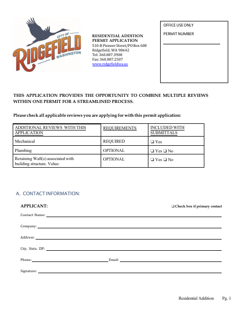 First page of the Residential Addition Permit Application