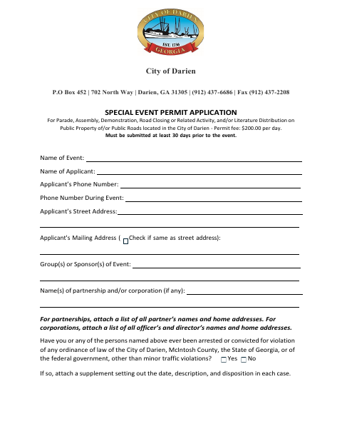 First page of the Special Event Permit Application