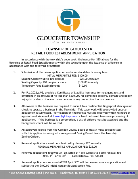 First page of the Retail Food Establishment Application