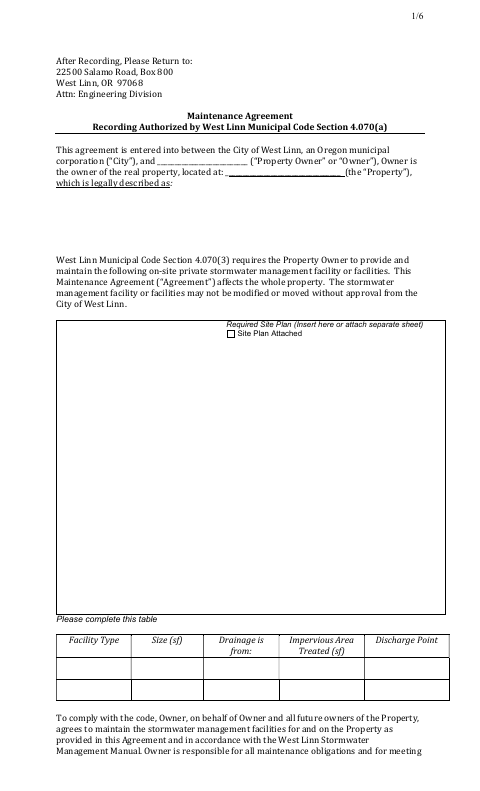 First page of the Stormwater Maintenance Agreement