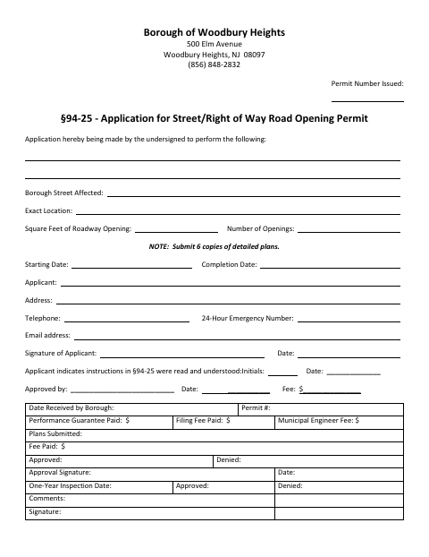 First page of the Street Opening Application