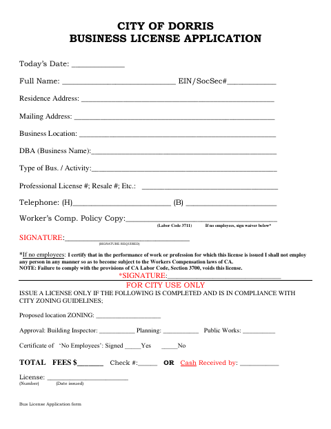 First page of the Business License Application