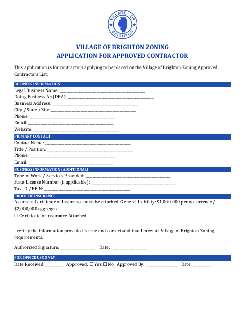 First page of the Zoning Application for Approved Contractor