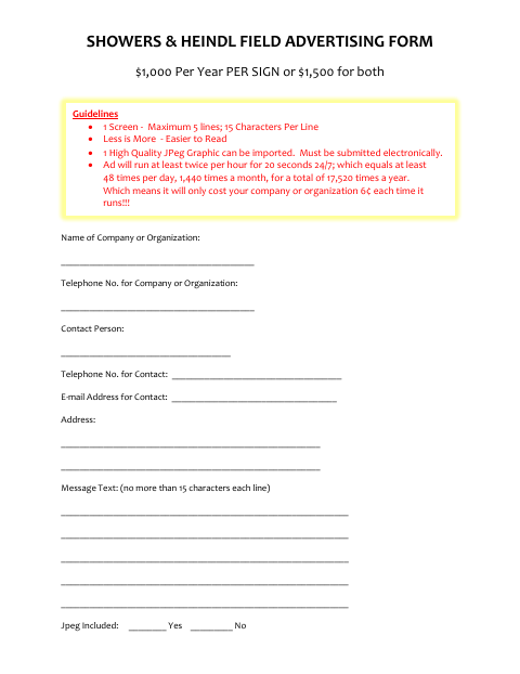 First page of the Showers & Heindl Field Advertising Form