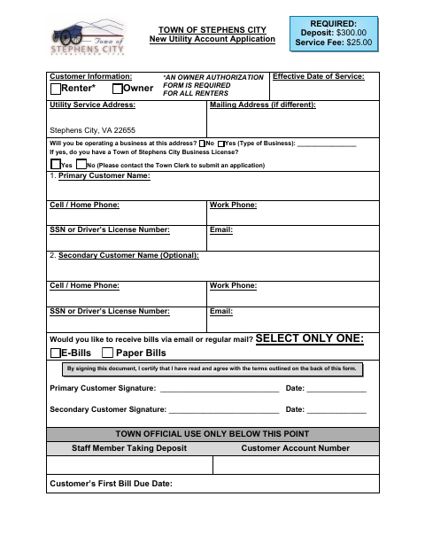 First page of the New Utility Account Application