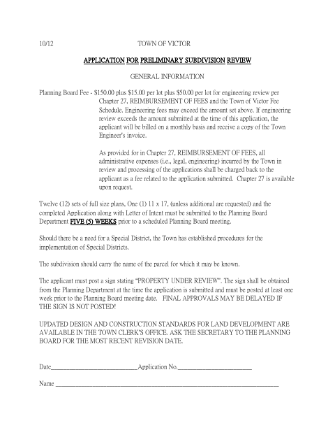 First page of the Application for Preliminary Subdivision Review