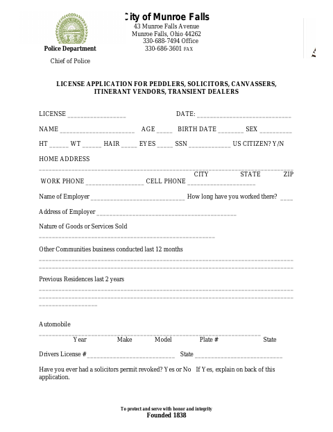 First page of the Peddler, Solicitor, Canvasser, and Vendor License Application