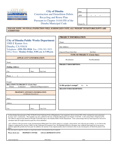First page of the Construction and Demolition Debris Recycling and Reuse Plan