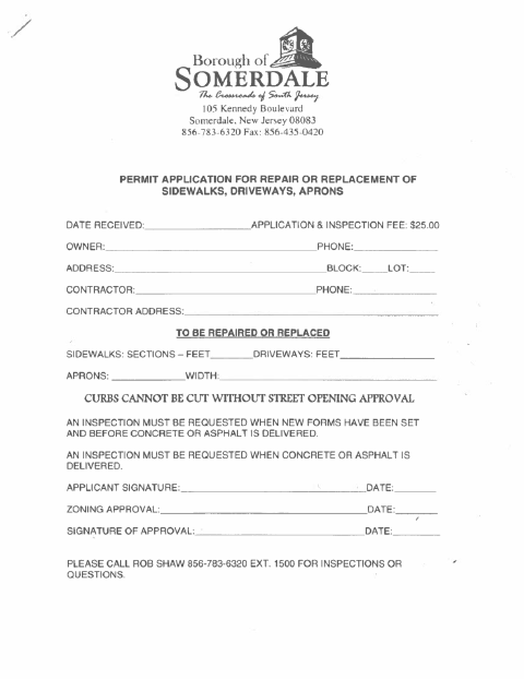 First page of the Permit Application for Sidewalk, Driveway, and Apron Repair or Replacement